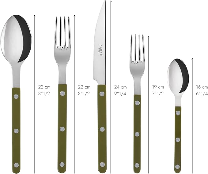 SABRE PARIS - 20-Piece Flatware Set for 4 - Bistrot Collection - Knife, Fork, Soup Spoon, Teaspoon & Dessert Fork - Stainless Steel & Nylon - Dishwasher Safe - Green Fern - Shiny Finish