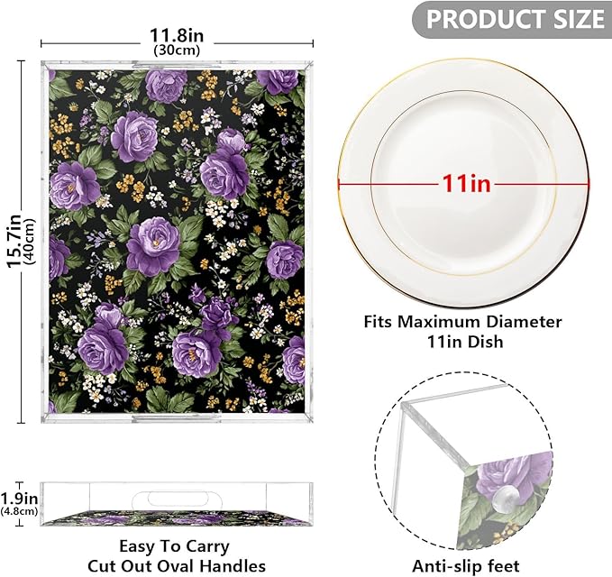 Serving Tray with Handles Clear Acrylic Tray 12x16 Inch Decorative Rectangular Tray Organizer for Ottoman Coffee Table Bathroom Vintage Floral Purple Roses