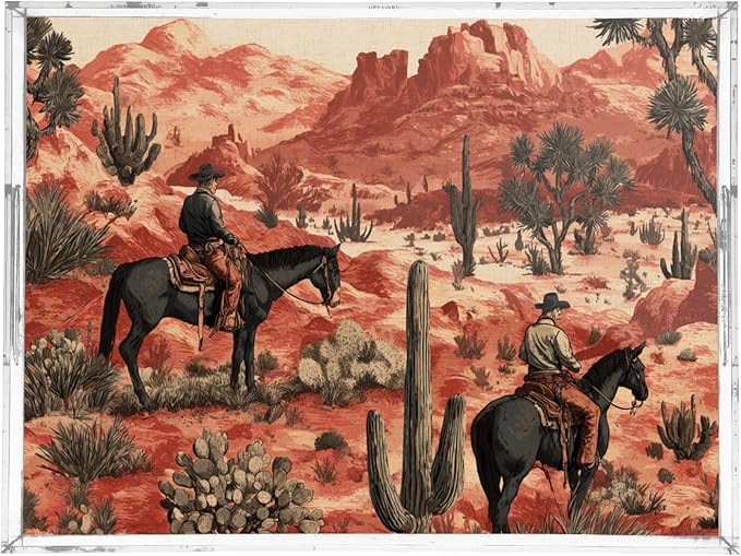 Serving Tray with Handles Clear Acrylic Tray 12x16 Inch Decorative Rectangular Tray Organizer for Ottoman Coffee Table Bathroom Cowboys Horses Cactus Desert