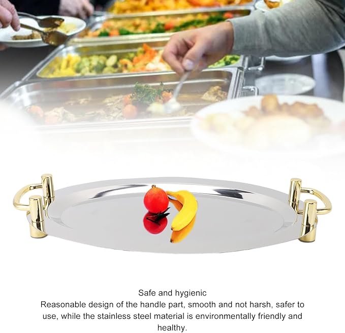 Stainless Steel Serving Tray, Multifunction Portable Metal Serving Tray with Handle, Buffet Serving Snack Tray for Coffee, Desserts, Cakes, (Round Shape with Gold