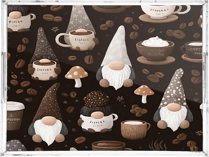Serving Tray with Handles Clear Acrylic Tray 12x16 Inch Decorative Rectangular Tray Organizer for Ottoman Coffee Table Bathroom Brown Gnomes Coffee Beans