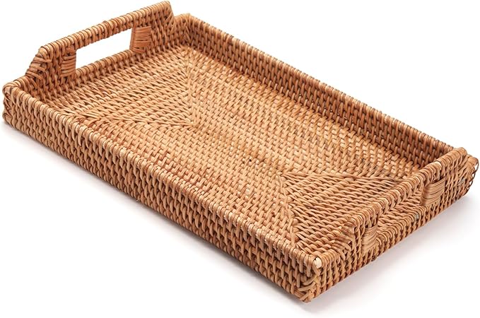 Rattan Serving Tray, Hand Woven Tray with Handles, Rectangular Wicker Basket Tray for Coffee Table Home Decor (14.5 x 10.2 x 1.4 inch)
