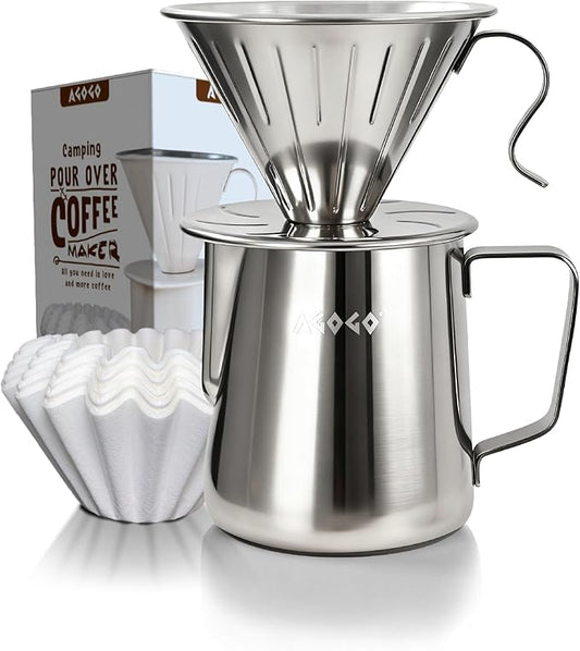 AGOGO Portable Pour Over Coffee Maker V60 Set - Easy Cleaning Compact 304 Stainless Steel Dripper for Camping & 50 Filters Paper & Cleaning Rag Silvery 20 oz