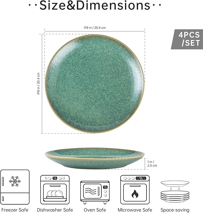 HENXFEN LEAD Dessert, Salad Plates 8 Inch, Porcelain Serving Dishes for Appetizers, Snacks, Pancakes - Kitchen Dinnerware Set Dishwasher, Microwave Safe - Reactive Green