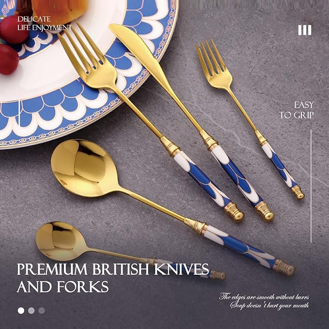 40-piece luxury gold flatware set for 8, 18/8 stainless steel silverware set, cutlery set with ceramic handle，forks and spoons for family wedding party，dishwasher safe