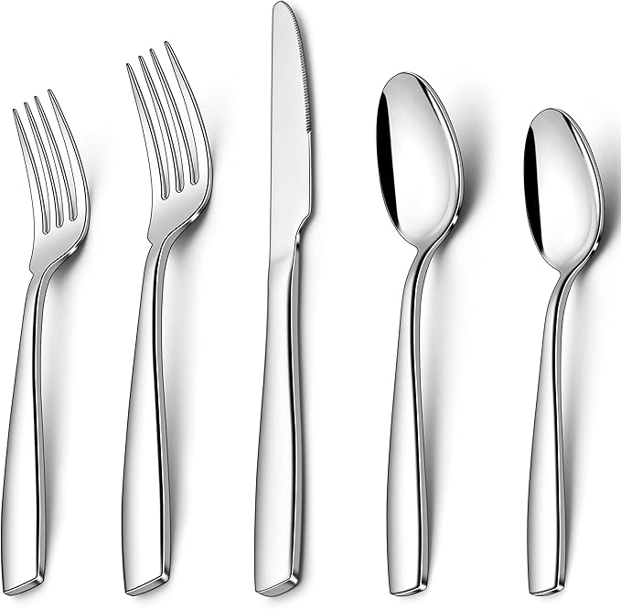 Herogo Heavy Duty Silverware Set with Serving Utensils, 52-Piece Stainless Steel Heavy Weight Modern Flatware Set for 8, Fancy Cutlery for Home Wedding, Dishwasher Safe, Mirror Finished