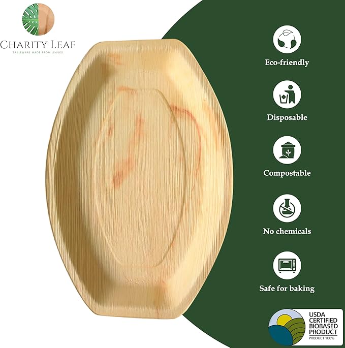 Charity Leaf Disposable Palm Leaf 13" x 9" Trays (100 pieces) Bamboo Like Serving Platters, Disposable Boards, Eco-Friendly Dinnerware For Weddings, Catering, Events