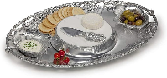 Arthur Court Designs Aluminum Grape 5-Piece Entertainment Cheese Chip and Dip Tray - Two Bowls, Spreader, Marble, Tray 20 inch x 13 inch