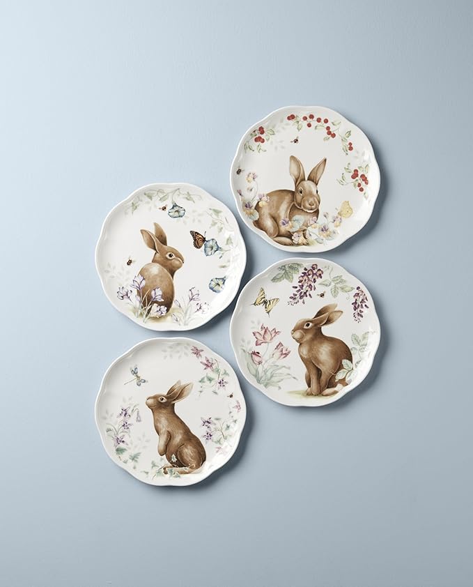 Lenox, Dinnerware Set, Butterfly Meadow Bunny 4-Piece Accent Plate Set, Service For 4, Microwave And Dishwasher Safe, Porcelain Plates, Easter Plates, Dish Set, Home And Kitchen (Assorted, 4 Pieces)
