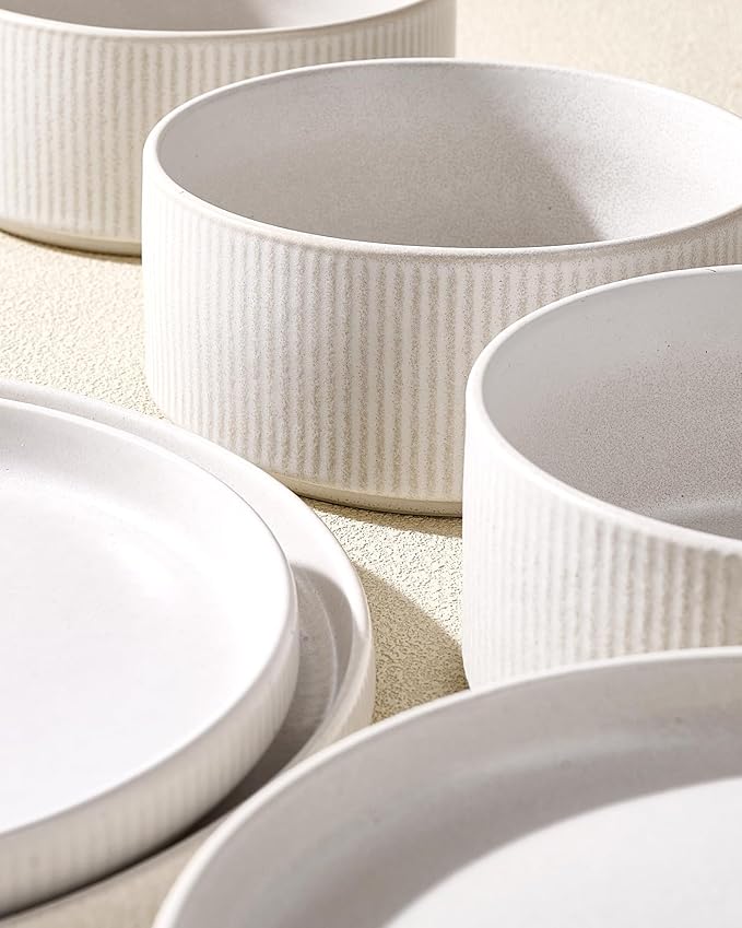 24-Piece Dinnerware Set for 8, Famiware Premium Stoneware Dish Set with Ribbed Plates and Deep Bowls, Double Reactive Glaze, Chip & Scratch Resistant, Microwave & Dishwasher Safe, Matte Reactive White