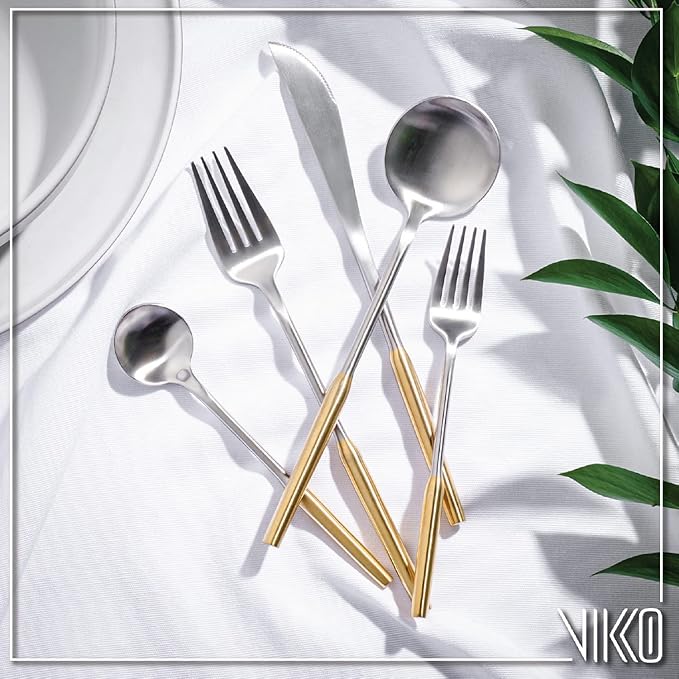 Vikko Modern Two-Tone Silverware Set: Unique Brushed Gold and Silver Flatware Set - Satin Matte - 18/10 stainless steel flatware For Upscale Dining - 20 Piece Cutlery Set - Service for Four (4)