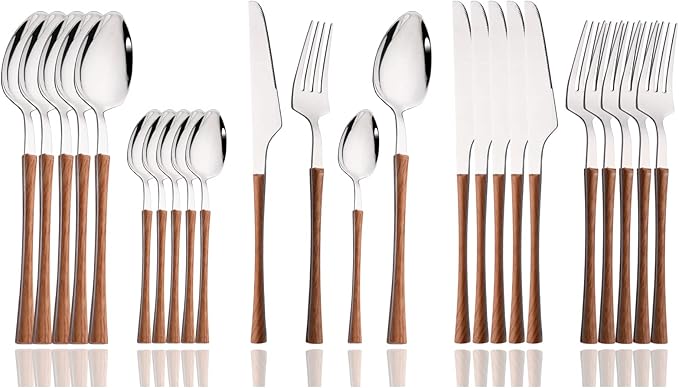 JASHII 24pcs Stainless Steel Imitation Wood Handle Cutlery Set, Knife Fork Tea Spoon Silverware Kitchen, Silver Flatware Set for 6, Mirror Polished Small Waist Handle - Brown&Silver