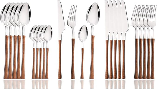 JASHII 24pcs Stainless Steel Imitation Wood Handle Cutlery Set, Knife Fork Tea Spoon Silverware Kitchen, Silver Flatware Set for 6, Mirror Polished Small Waist Handle - Brown&Silver