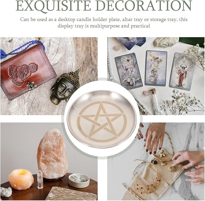 Pentagram Altar Ritual Plate Dish Flat Bowl Burning Candle Holder Offering Fruit Tray Metal Jewelry Tray Food Snack Dish Decorative Platter for Smudging Silver