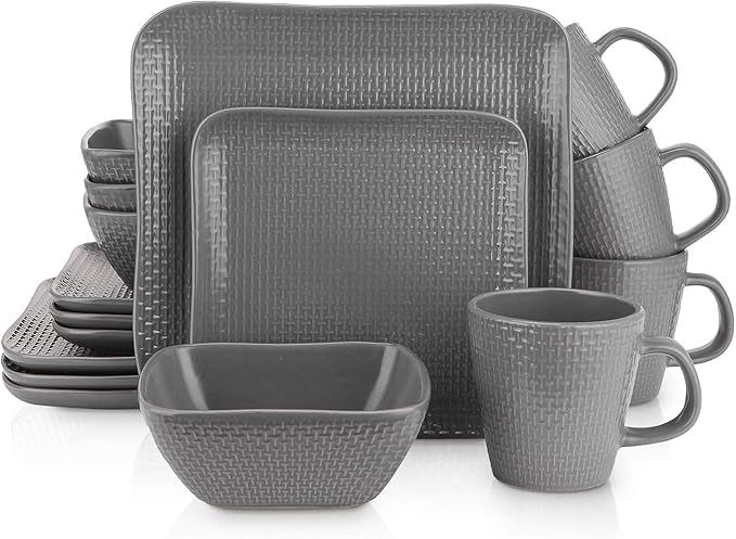 Stone Lain 16 Piece Stoneware Square Weave Dinnerware Set, Service for 4, Gray