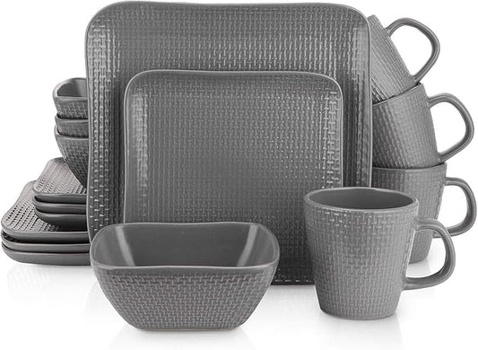 Stone Lain 16 Piece Stoneware Square Weave Dinnerware Set, Service for 4, Gray