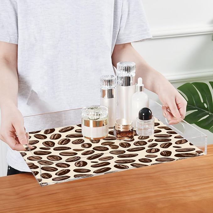 Serving Tray with Handles Clear Acrylic Tray 12x16 Inch Decorative Rectangular Tray Organizer for Ottoman Coffee Table Bathroom Many Simple Coffee Beans