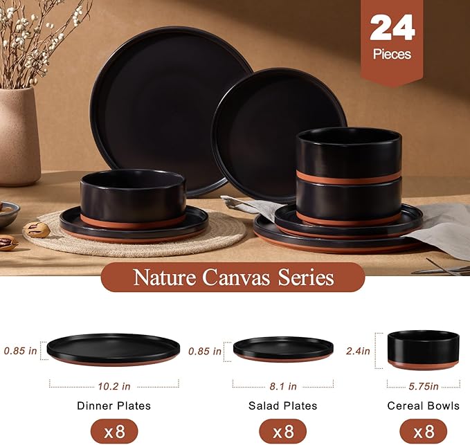 LIANYU 24 Piece Dinnerware Sets for 8, Modern Style Stoneware Dinnerware Set, Scratch Resistant, Dishwasher Safe Bowl and Plate Sets, Ceramic Dish Dinner Set, Charcoal Black