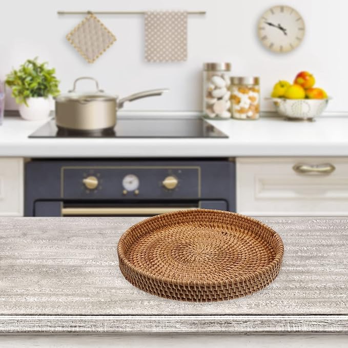 DOITOOL Stackable Rattan Serving Tray Multi-Function Woven Fruit Plate for Snacks Desserts and Coffee Storage for Home Decor and Entertaining