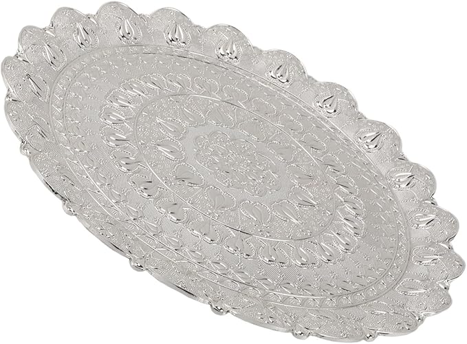 Turkish Tea Coffee Serving Tray, Vintage Style Round Coffee Tray with Embossed Pattern, Metal Dessert Plate for Bar Outdoor Dresser and Home Use (Silver)