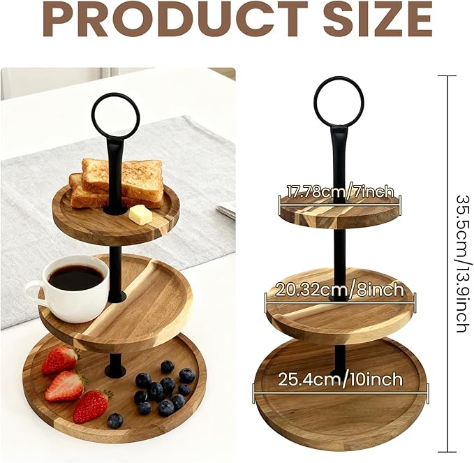 1 Pcs Wood Dessert Tray, 3 Tier Round Cupcake Stand, Wood Tiered Serving Tray Cupcake Tower, Large Acacia Wood Dessert Display for Home Tea Party, Wedding, Farmhouse, Kitchen Decor