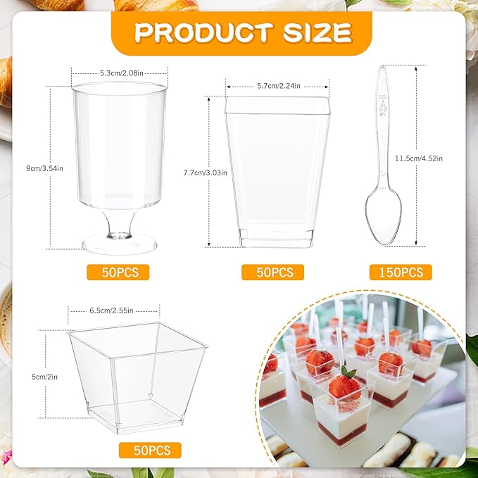 tchrules 300 Packs 5oz Dessert Cups with Spoons, 3 Styles Mini Plastic Appetizer Cups, Clear Parfait Cup for Party, Cake Cups for Tiramisu, Pudding, Snacks, Yogurt, Fruits, Mousse
