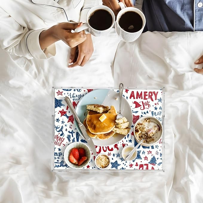Serving Tray with Handles Clear Acrylic Tray 12x16 Inch Decorative Rectangular Tray Organizer for Ottoman Coffee Table Bathroom Vibrant Patriotic Stars Independence Day