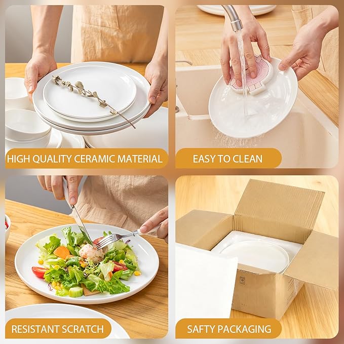 AntoKueh White Ceramic Plates Set of 6, 8.2 Inch Round Porcelain Salad Plate, 6-piece dishes with shallow Edge for Appetizer, Steak, Dishwasher/Microwave safe