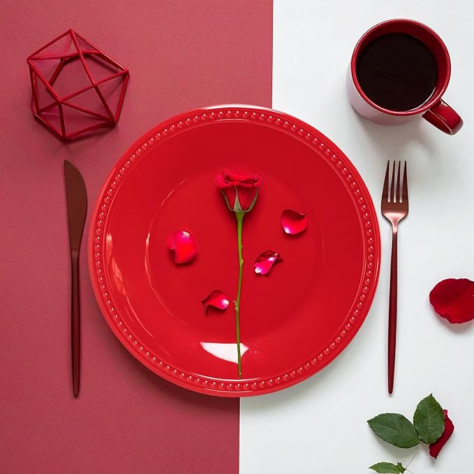 Melamine Beaded Dinner Plate Set of 6, 100% Pure Melamine, BPA Free, Chip & Break Resistant, Lightweight, Great for Dining, Weddings & Everyday Meals, Red, 11in