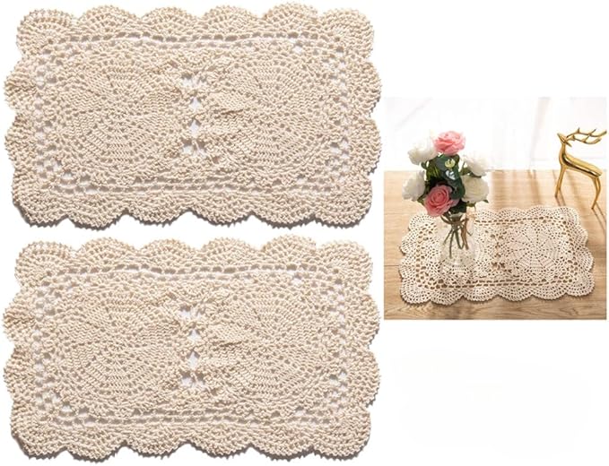 Handmade Rectangle Doilies, 2-Piece Handmade Crochet Cotton Doilies Lace Table Crochet Placemats Coaster (Beige)