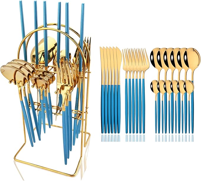 JASHII Hanging Flatware Set Include Knife Fork Spoon Teaspoon and Stand, 24pcs Stainless Steel Utensils Set Service for 6,Modern Design & Mirror Polished, Dishwasher Safe - Blue Gold