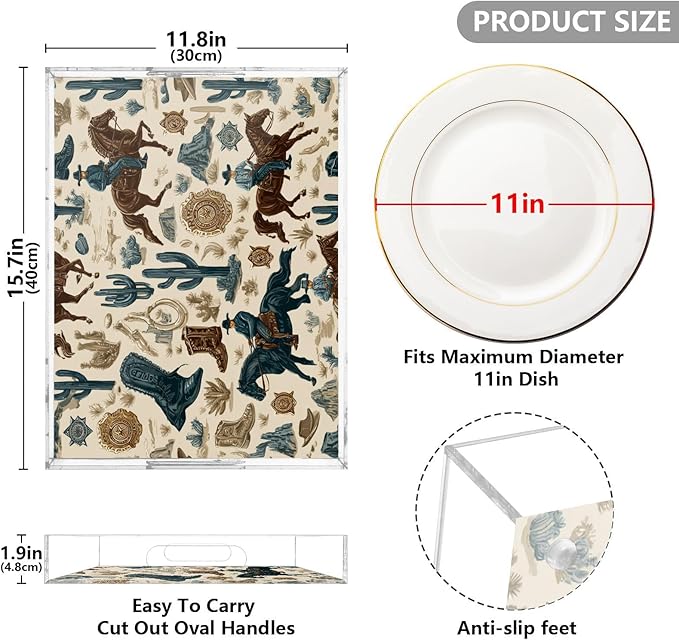 Serving Tray with Handles Clear Acrylic Tray 12x16 Inch Decorative Rectangular Tray Organizer for Ottoman Coffee Table Bathroom Light Brown Horse and Badge Cowboy Boots Desert Cactus