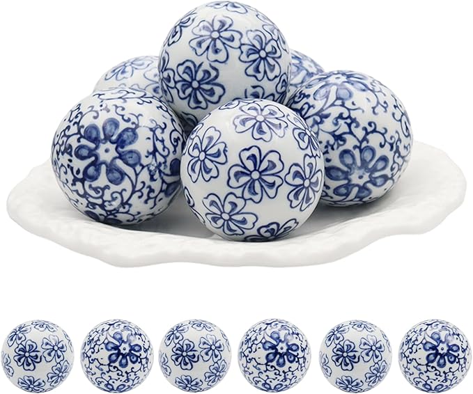 6 Pc Decorative Blue Balls Chinoiserie Ball Ceramic Orbs for Centerpiece Bowls Tray Bowl Basket Gifts for Vases Dining Table Christmas Halloween Wedding Party Decoration(B)