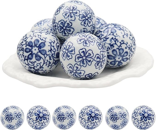 6 Pc Decorative Blue Balls Chinoiserie Ball Ceramic Orbs for Centerpiece Bowls Tray Bowl Basket Gifts for Vases Dining Table Christmas Halloween Wedding Party Decoration(B)
