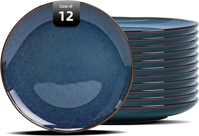 Organic Shape Highland Ceramic Dinner Plates, 12pcs 11.65 Inch Handmade Reactive Glaze Stoneware Plates with Wavy Edge, for Kitchen, Microwave & Dishwasher Safe, Scratch Resistant-Blue