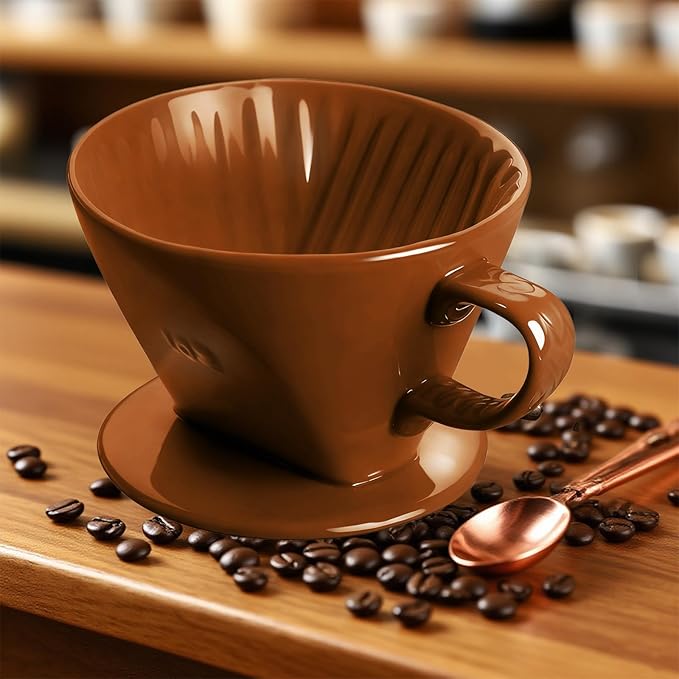 Handmade Pour Over Ceramic Coffee Dripper - Authentic Brewing Experience for Camping, Office, and Home (Coffee Brown)