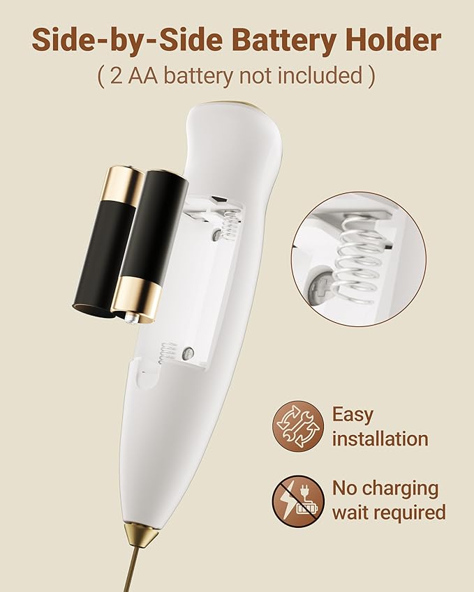 Milk Frother With Stand Handheld Frother Wand Drink Mixer Handheld Coffee Stirrers Electric Frother for Coffee Mixer Wand with 2 Whisk frother for protein powder-White/Gold