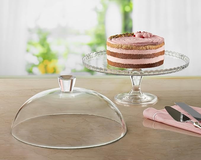 Cake Stand with Dome Lid, Glass Desert Serving Plate and Cover, Footed Pastry Display Server, 12.60 inch Wide Glass Decorative Kitchen Platter for Cupcake Cookies Cheesecake Donut