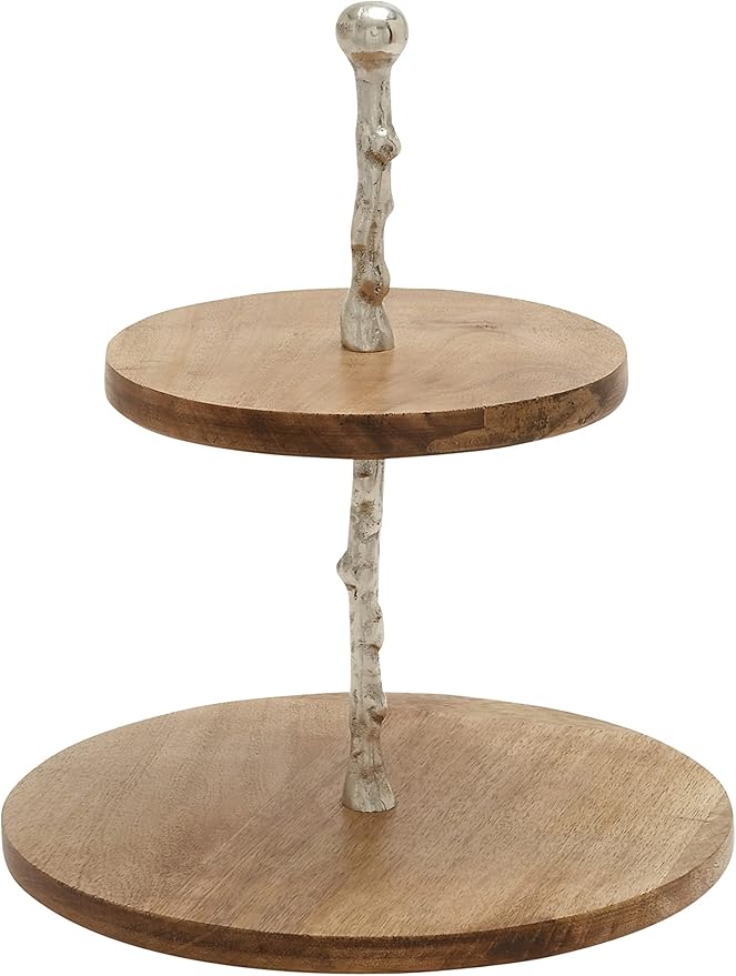 Deco 79 Mango Wood Tiered Server with Aluminum Accents, 14" x 14" x 18", Brown