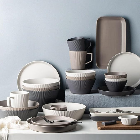 Porcelain Combination Setsporcelain Dinnerware Sets, 28 Piece Relief Modern Plates and Bowls Sets | Ceramics Kitchen Tableware Set, Ceramics Matte Dishwash Safe Dishes Set Service for 4-6