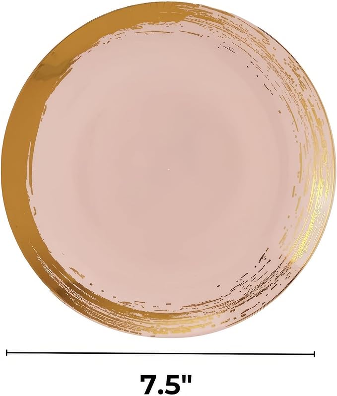 SILVER SPOONS Gold Brush Stroke Rimmed Plastic Dessert Plates for Party (10 PC) Heavy Duty Disposable Dinner Set 7.5", Fine China Look Dishes for Baby Showers, Celebrations & Events - Blush