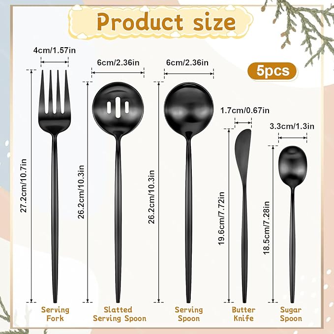 5 Pcs Black Stainless Steel Serving Utensils Set 10 Inch Black Serving Flatware Set, Includes Serving Fork, Slotted Spoon, Sugar Spoon, Butter Knife for Buffet, Wedding, Party
