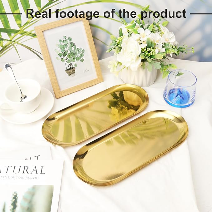 8 Pack 12 Inch Oval Stainless Steel Decorative Tray, Stainless Steel Tea Fruit Tray, 12 inch Gold Oval Trays for Bathroom Vanity, Jewelry, Perfume & Key Organizer (Gold)