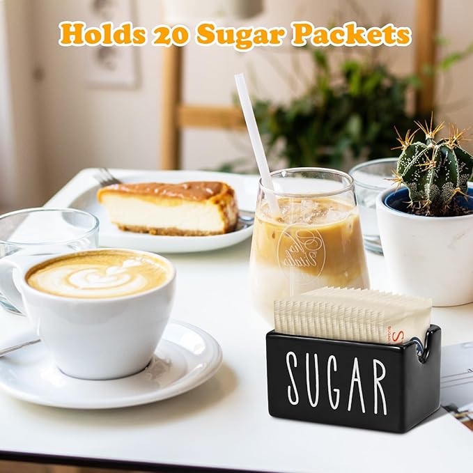 Ceramic Sugar Packet Holder for Coffee Bar, Caddy, Container, Dispenser, Organizer for Table, Office, Hotel, Restaurant (Black)