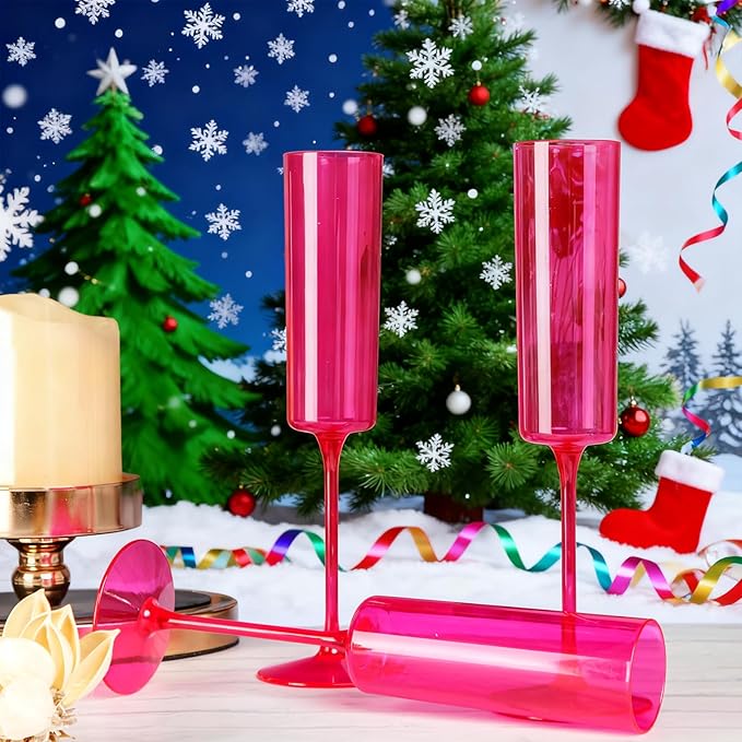 Ciaell 24 Pack Plastic Champagne Flutes - Hot Pink 6 Oz Disposable Champagne Glasses - Square Plastic Toasting Glasses for Party Birthday Anniversary Wedding