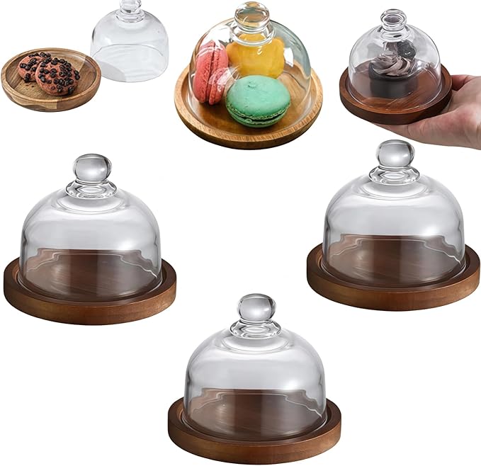 Charcuterie Snow Globe Container,Mini Individual Snow Globe Charcuterie Board with Wooden Base,Mini Cake Stand with Glass Dome Lid for Cheese Snacks and Holiday Table Decor (3pcs)