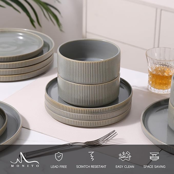 MONITO Ceramic Dinnerware Sets for 4, 12PCS Stoneware Plates and Bowls Sets, Reactive Glaze Dish Set, Chip and Scratch Resistant Double, Microwave and Dishwasher Safe, Sage Mist