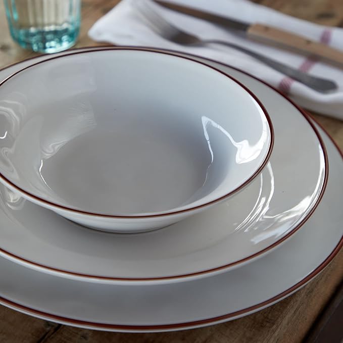 Costa Nova Ceramic Stoneware 8'' Soup Pasta Plate - Beja Collection, White & Red | Microwave & Dishwasher Safe Dinnerware | Food Safe Glazing | Restaurant Quality Tableware