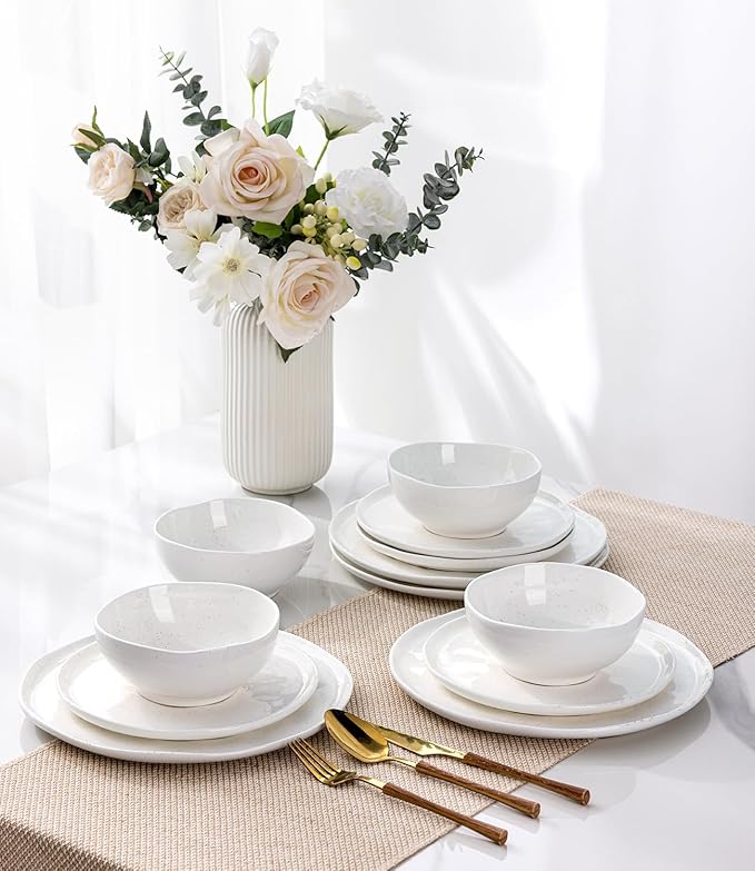 GBHOME Ceramic Dinnerware Sets for 4, 12 Pieces Porcelain Lightweight Plates and Bowls Sets, Scratch Resistant Dish Set, Oven & Microwave & Dishwasher Safe, White Speckled