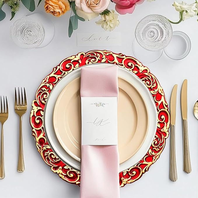 Red Charger Plates with Gold Embossed Rim, Plate Chargers for Dinner Plates. Set of 6, 13 Inch Plastic Charger for Dinner and Party Table Settings, Christmas, Thanksgiving,